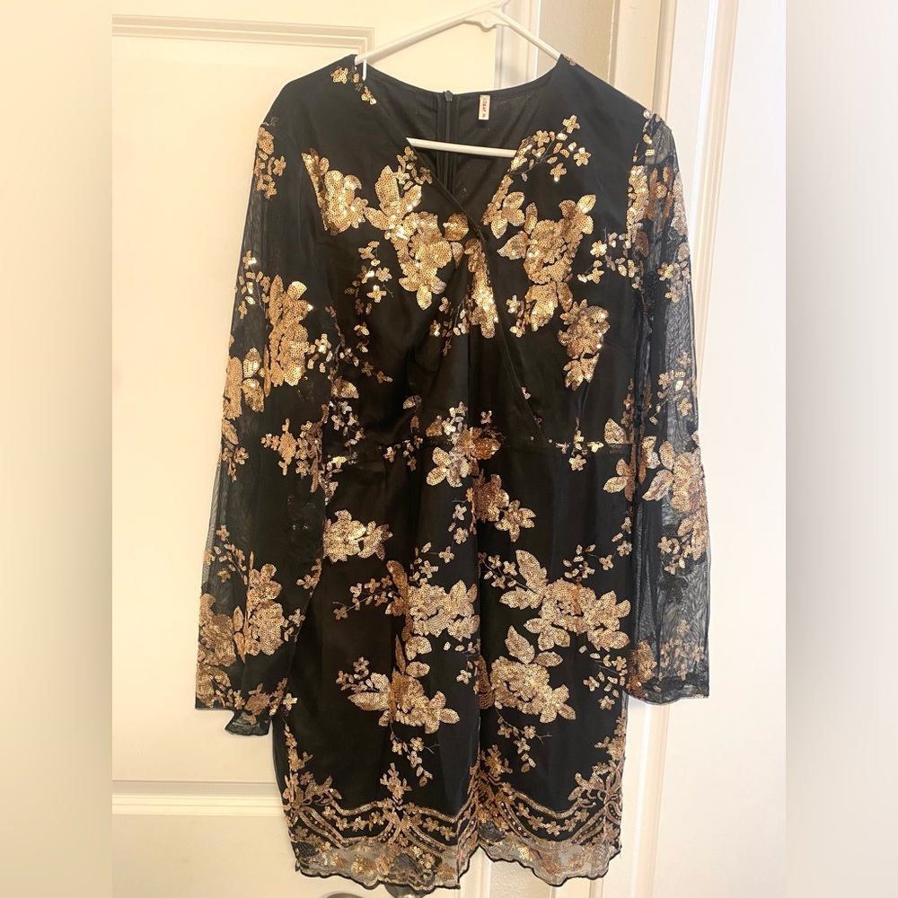 Black mesh bodycon dress with gold sequins